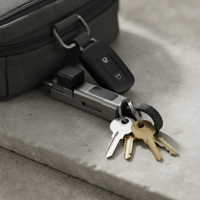 ZapKey on a keyring next to a bag